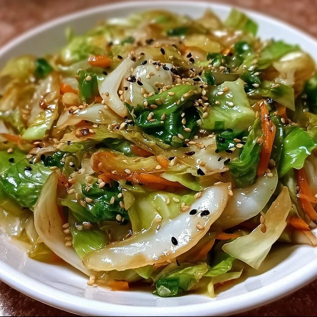 Colorful Asian cabbage stir fry with vegetables and sauce
