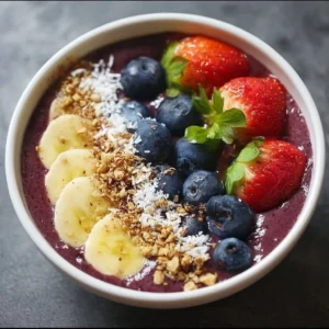 Delicious and vibrant acai smoothie bowl topped with fruits and granola.