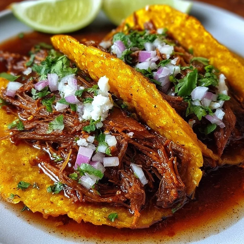 Plate of authentic Birria Tacos served with consome and garnishes