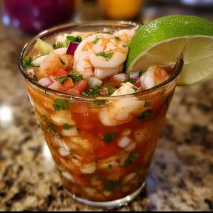 Bowl of authentic Mexican shrimp cocktail garnished with lime and cilantro.