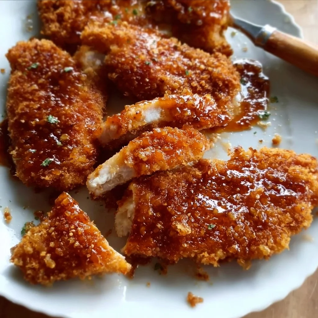 Baked Crunchy Hot Honey Chicken served on a plate with sauce drizzle.