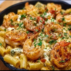 Baked Feta Pasta with Shrimp served in a bowl, garnished with fresh herbs.