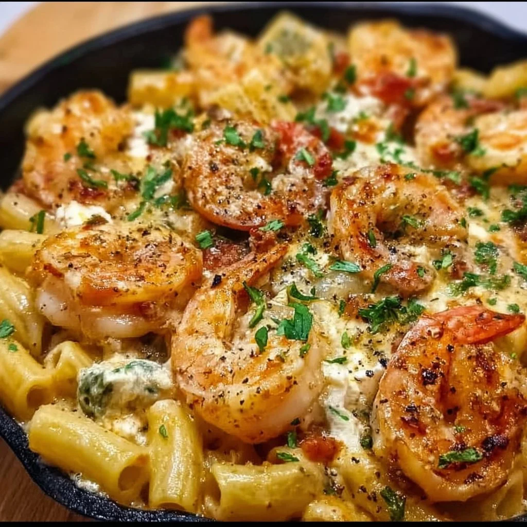 Baked Feta Pasta with Shrimp served in a bowl, garnished with fresh herbs.