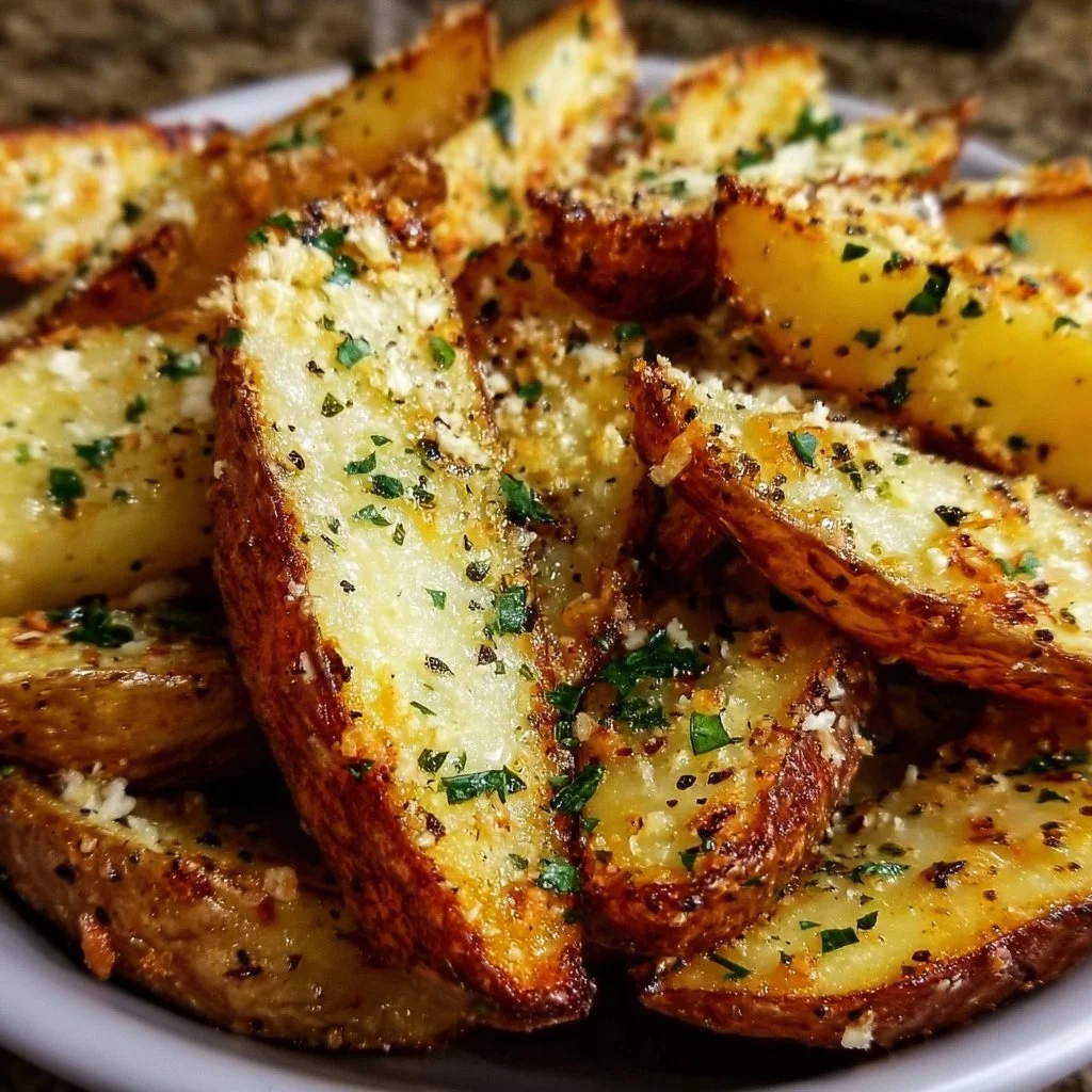 Baked Garlic Parmesan Potato Wedges served on a plate with herbs