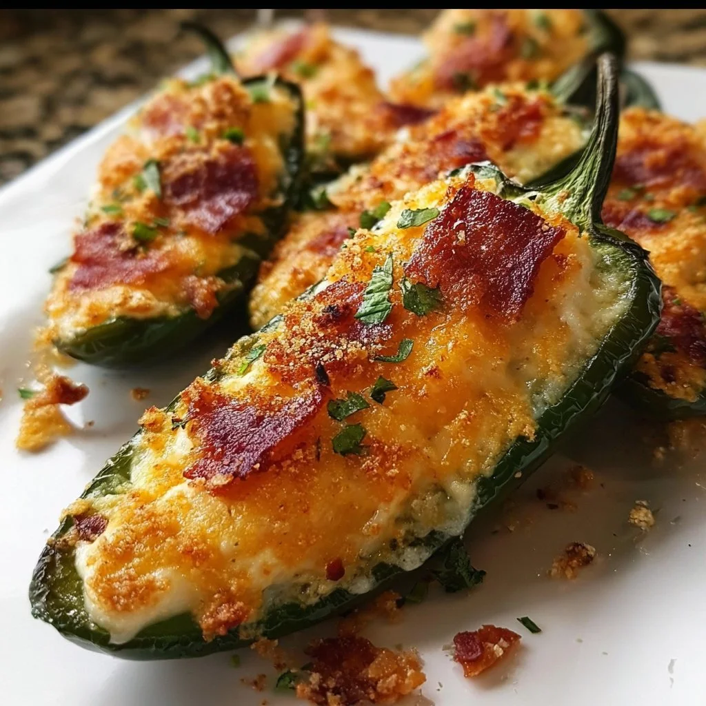 Baked jalapeno poppers with cheese and herbs on a serving platter