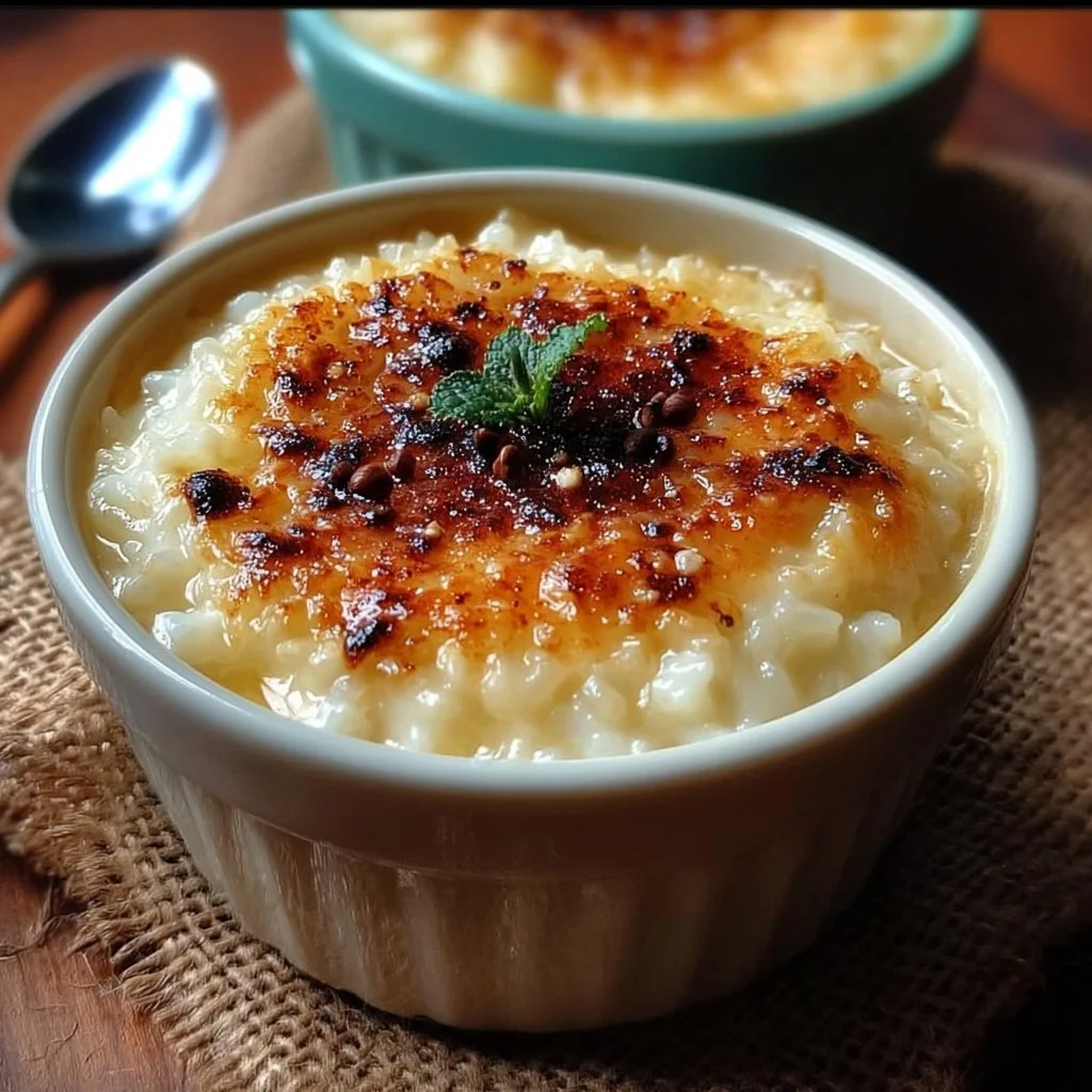Delicious baked rice pudding served in a bowl, topped with cinnamon.