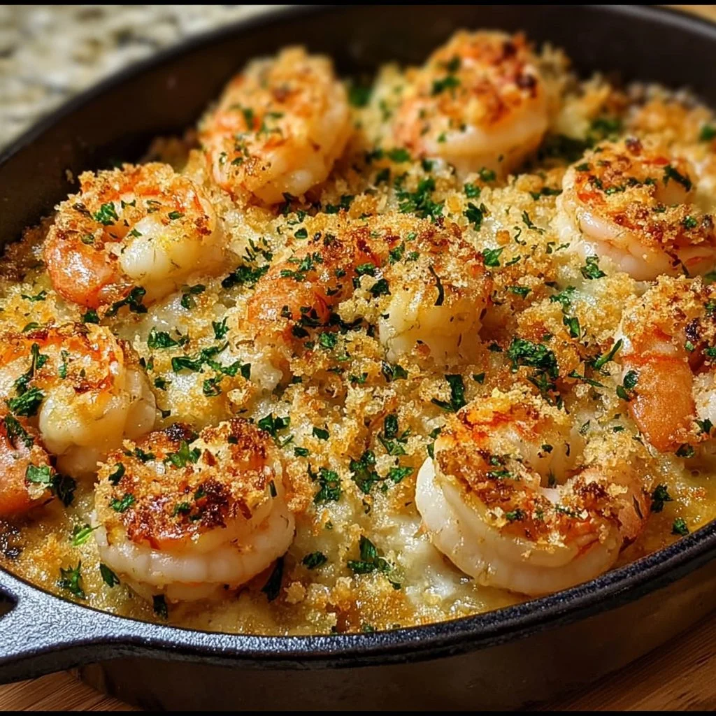 Baked Stuffed Shrimp Casserole with a golden crust and savory filling