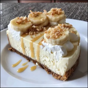 Delicious slice of Banana Cream Cheesecake topped with banana slices and whipped cream.