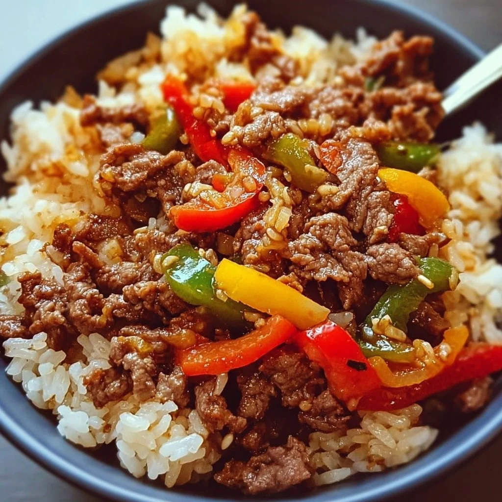 Delicious Beef and Pepper Rice Bowl with colorful vegetables