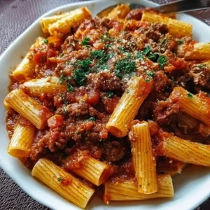 Delicious Beef Pasta in Tomato Sauce served with basil garnish