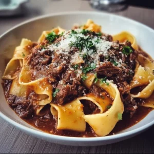 Plate of Beef Ragu served with Pappardelle pasta and garnished with herbs