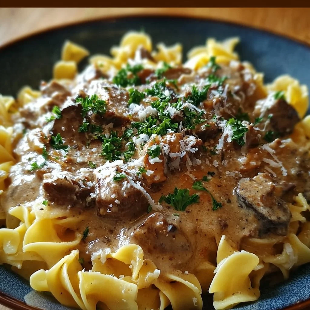 Delicious Beef Stroganoff served with egg noodles and garnished with parsley