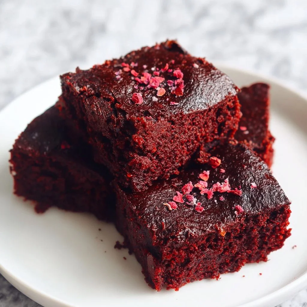 Delicious homemade beetroot brownies on a wooden plate
