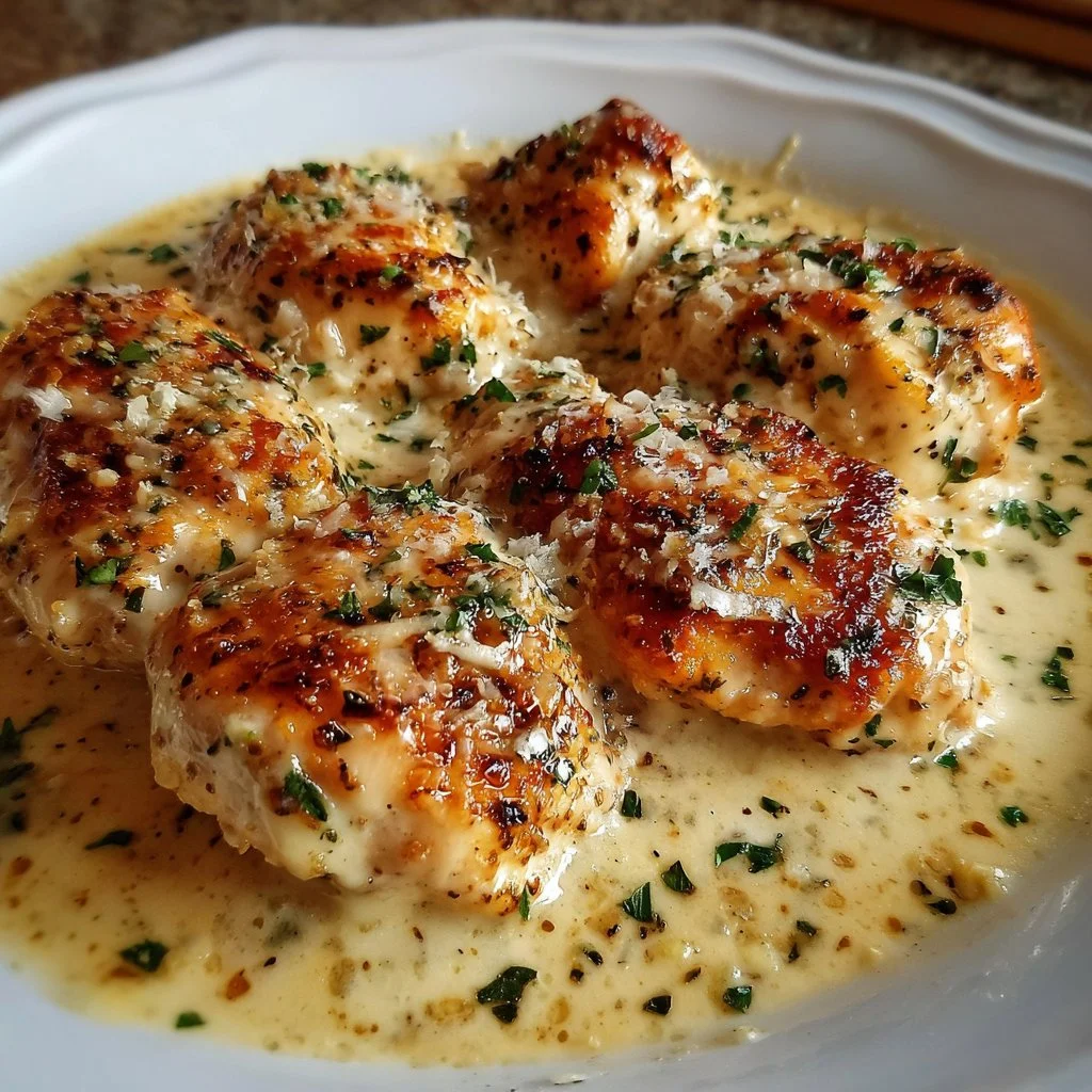 Delicious creamy garlic parmesan chicken garnished with parsley.