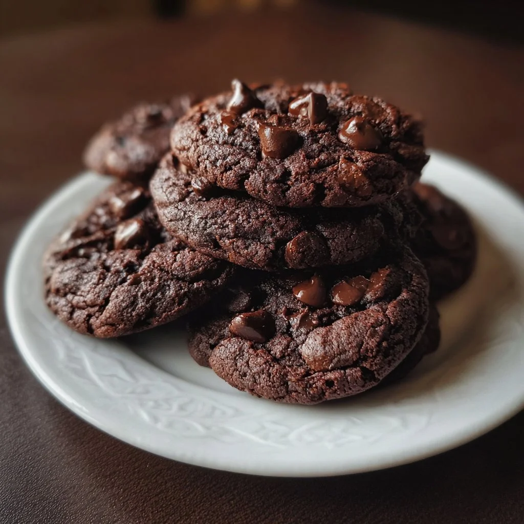 Freshly baked double chocolate chip cookies on a cooling rack