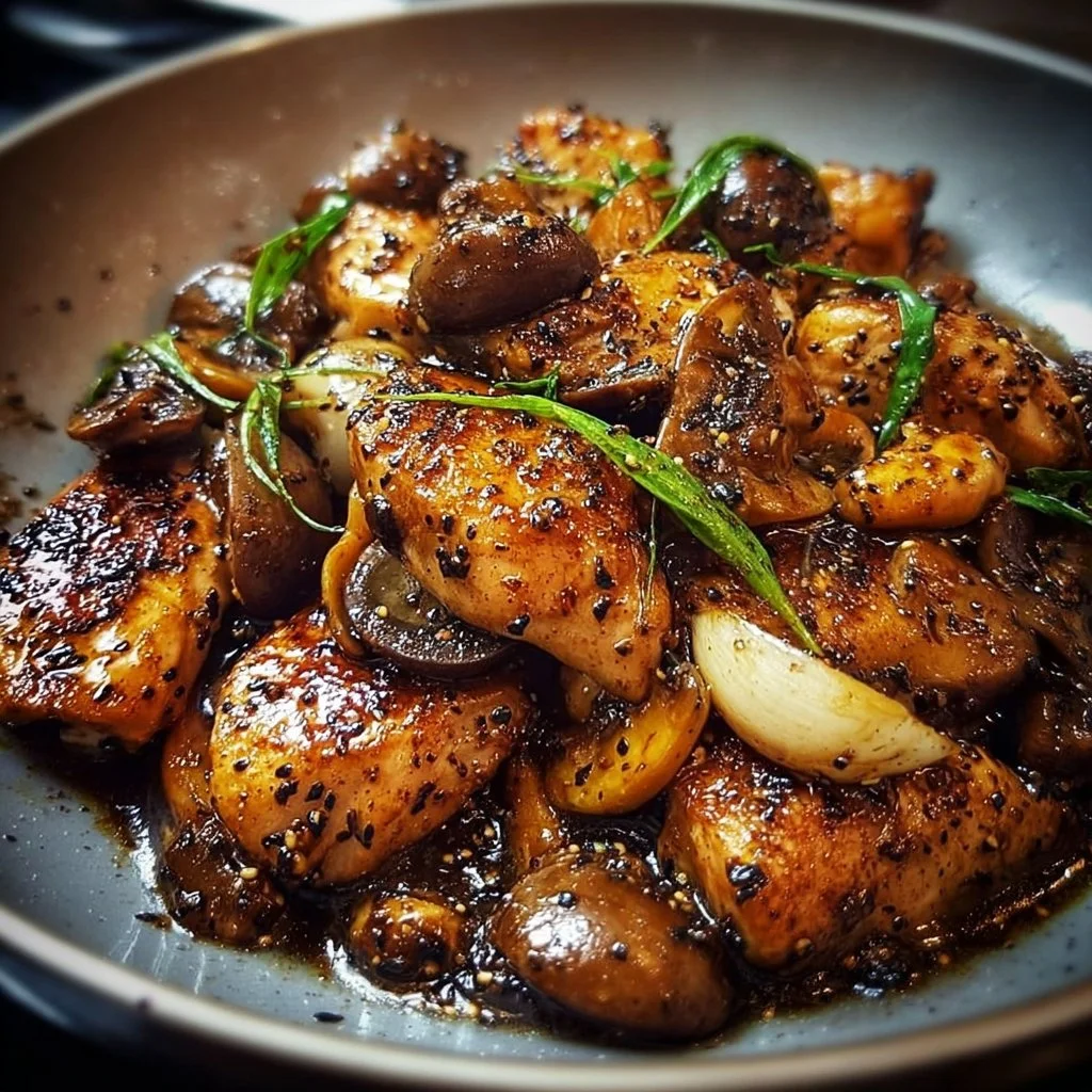 Delicious Black Pepper Chicken with Mushrooms served on a plate