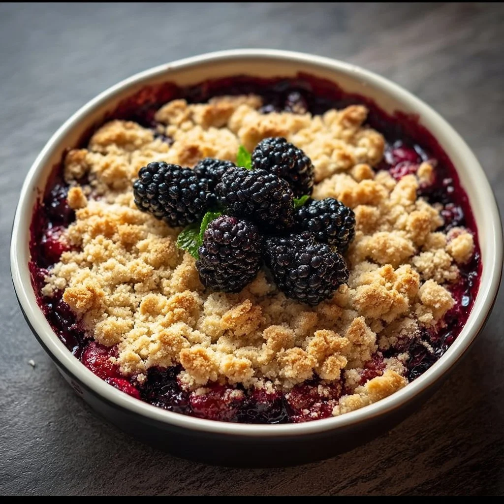 Delicious blackberry crumble dessert with a golden buttery topping and fresh blackberries