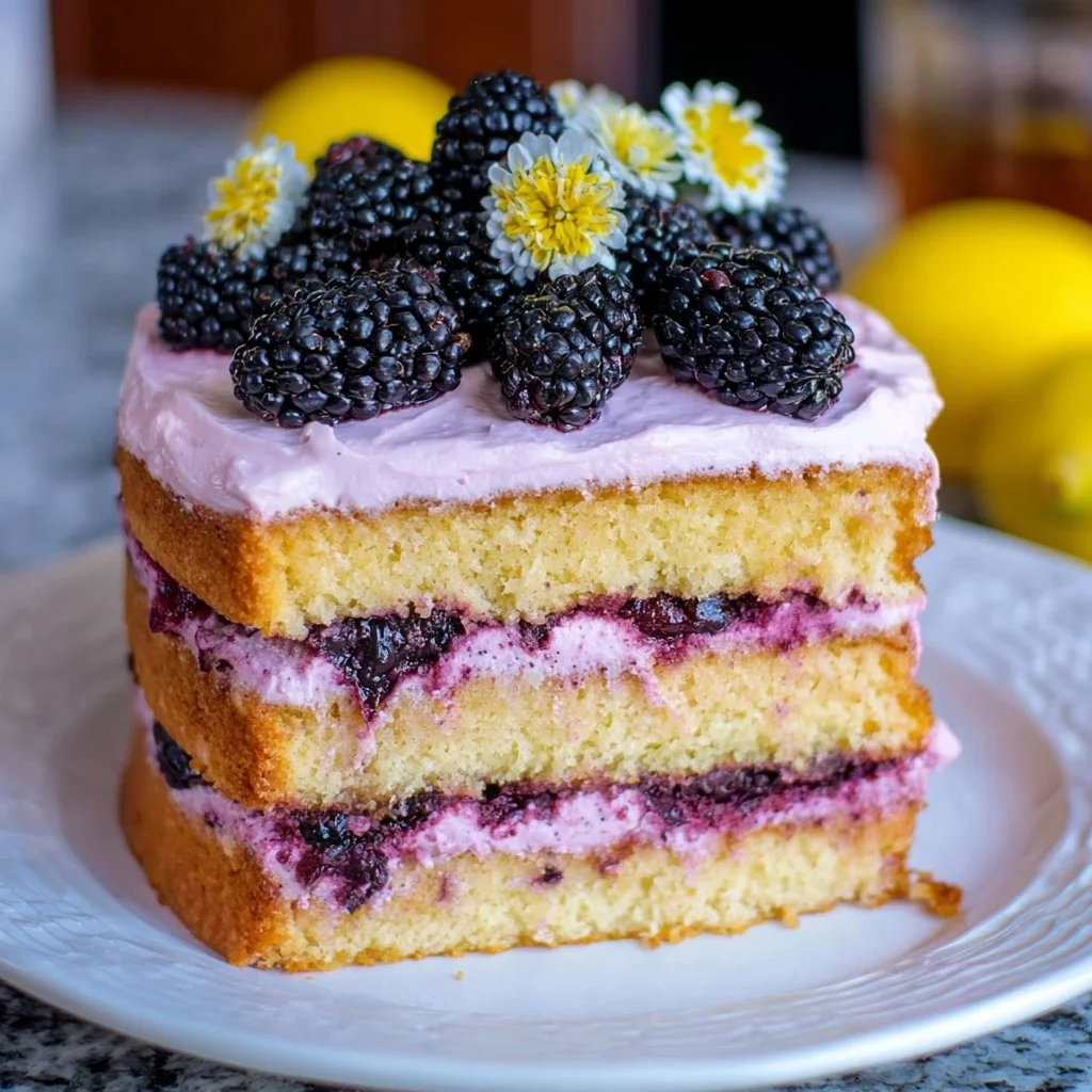 Delicious Blackberry Lemon Cake with blackberry frosting on a plate