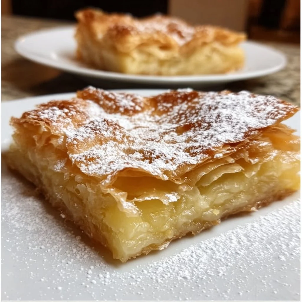 Bougatsa, Greek pastry filled with creamy custard, served on a plate