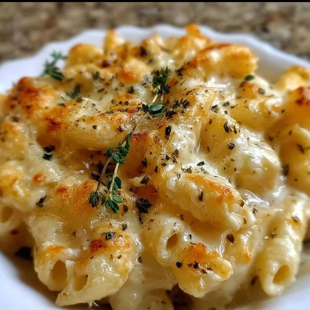 Creamy Brie Mac and Cheese served in a bowl with a crispy topping