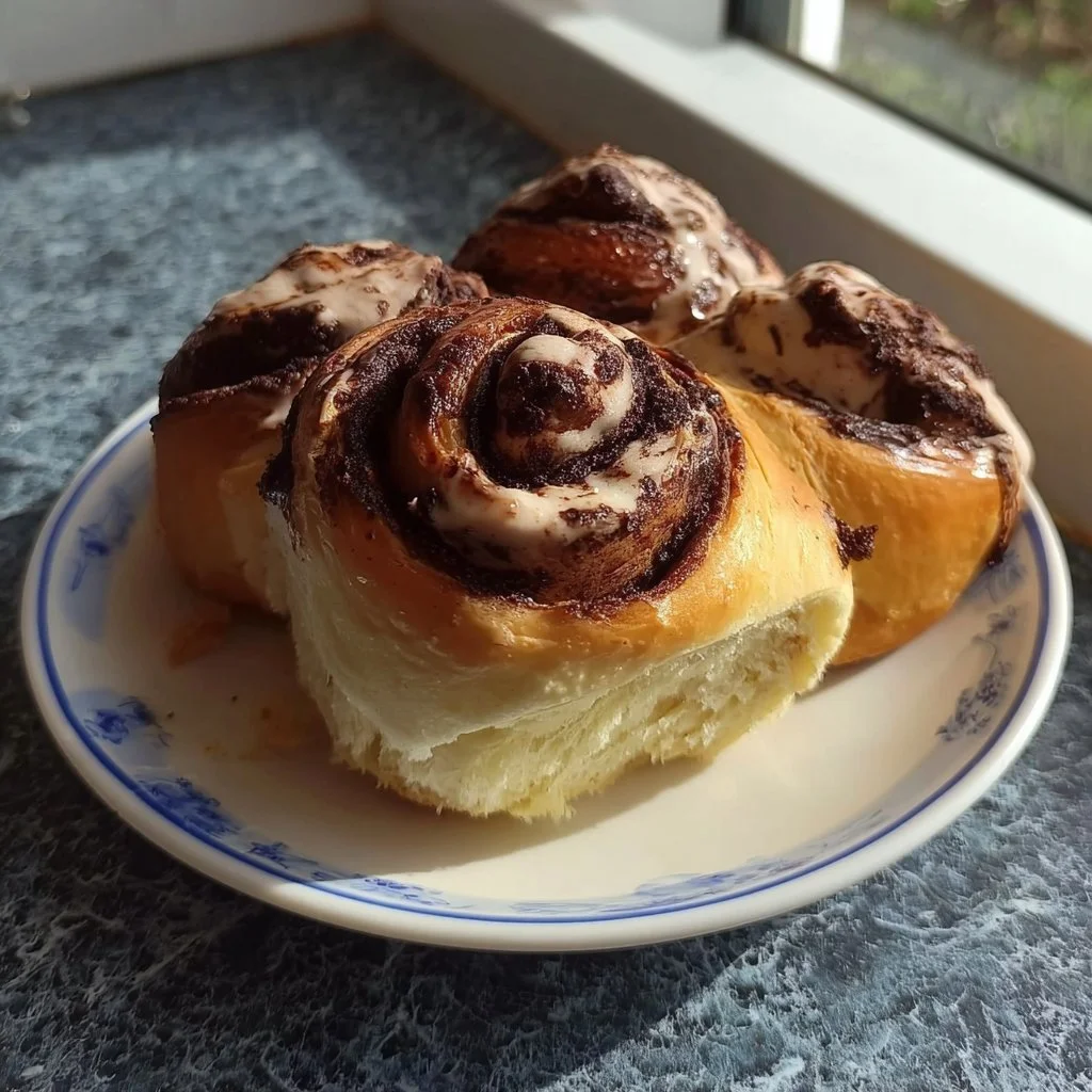 Brioche brownie rolls with a chocolate topping on a rustic wooden table