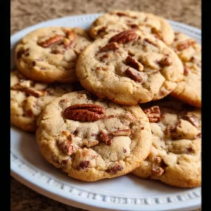 Delicious brown butter pecan cookies on a rustic wooden table.