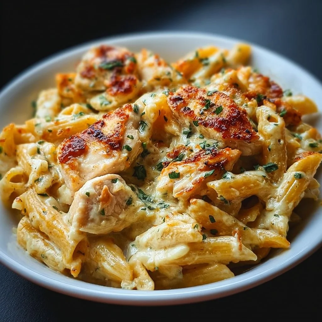 Cajun Cream Cheese Chicken Pasta Bake topped with herbs and cheese.