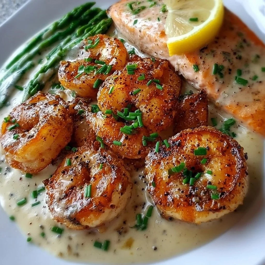 Cajun shrimp and salmon topped with garlic cream sauce served on a plate.