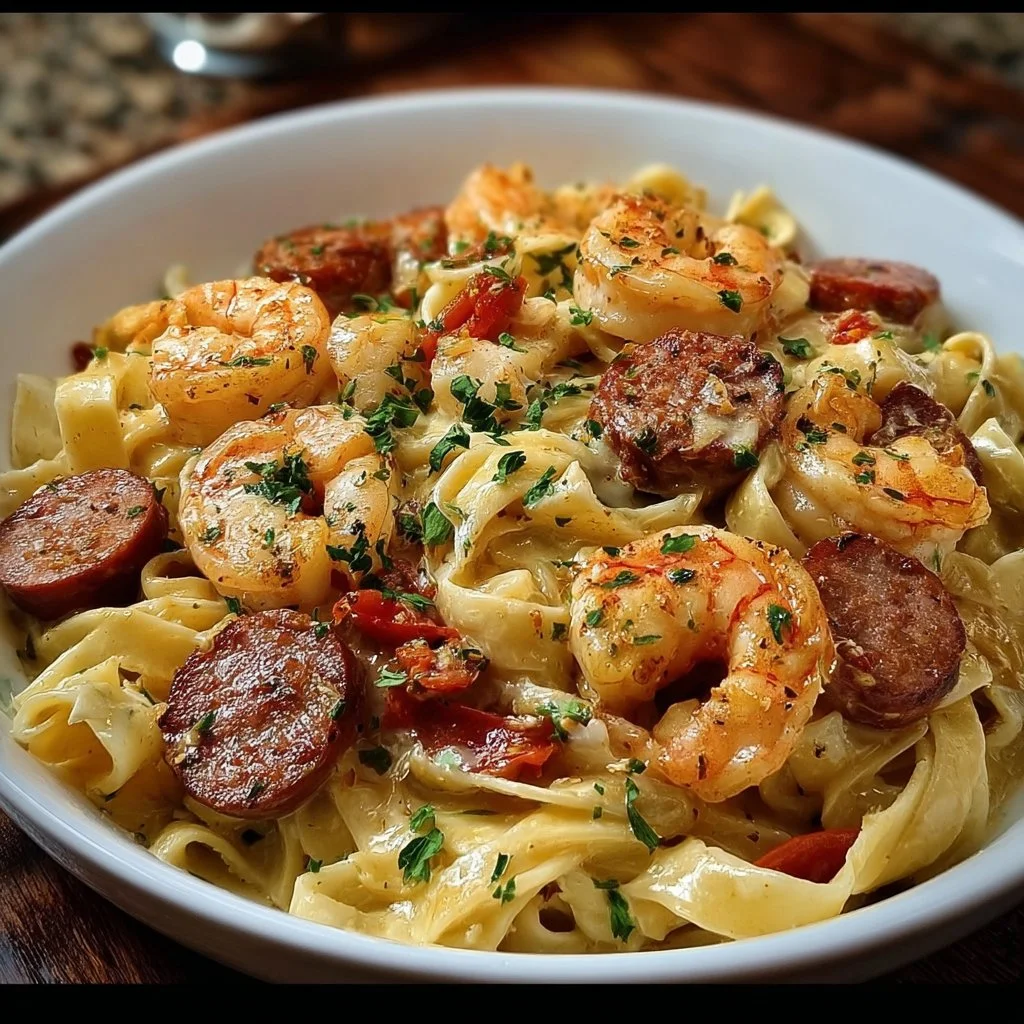 Delicious Cajun shrimp and sausage Alfredo pasta served in a bowl