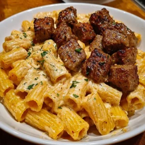 Cajun Steak Tips with Cheesy Rigatoni Parmesan Sauce on a plate