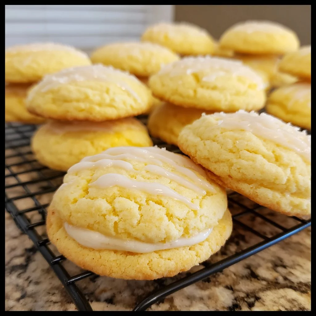 Delicious cake mix lemon Oreo cookies on a white plate