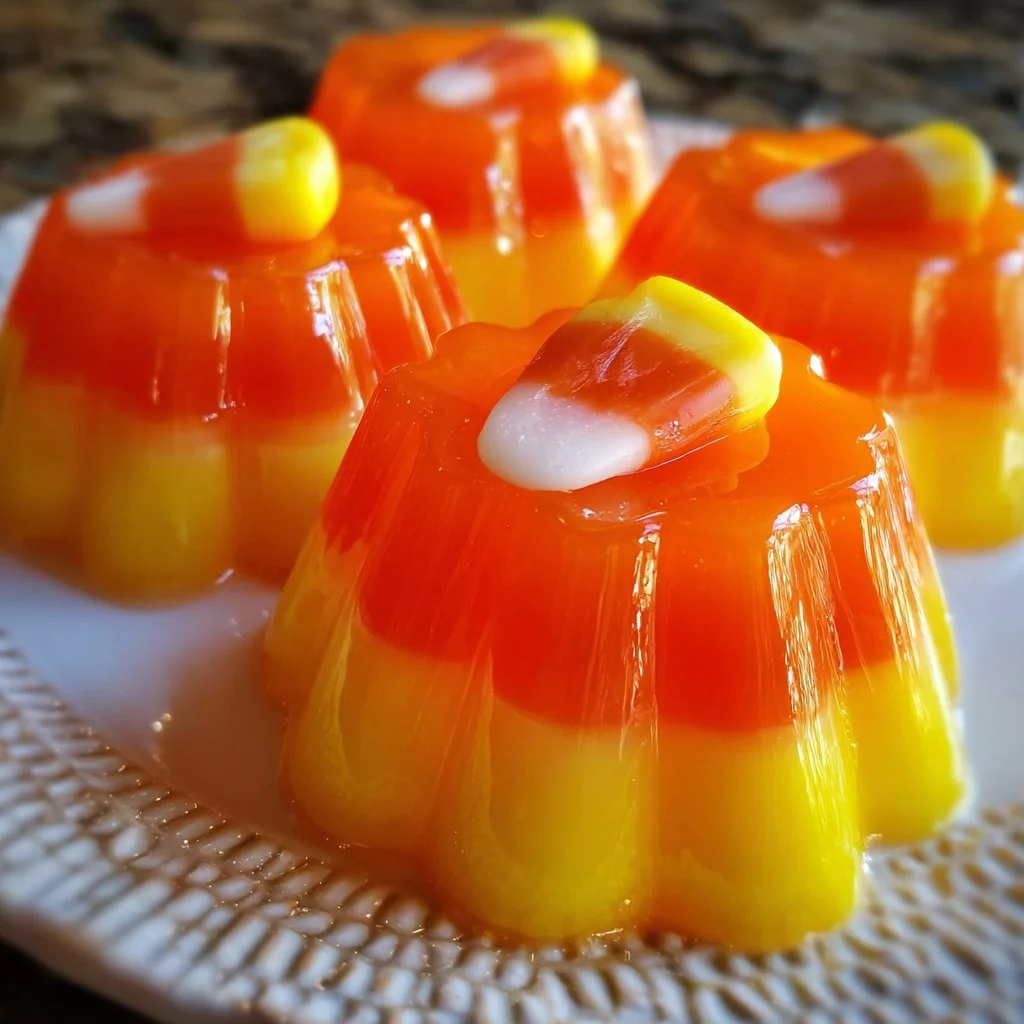 Colorful layers of Candy Corn Jello dessert for Halloween treats