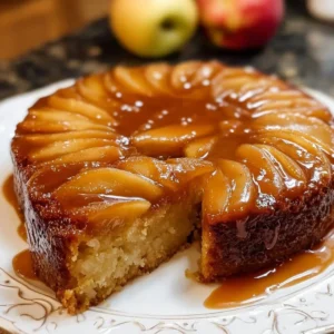 Slice of caramel apple upside-down cake topped with caramel sauce and apple slices.