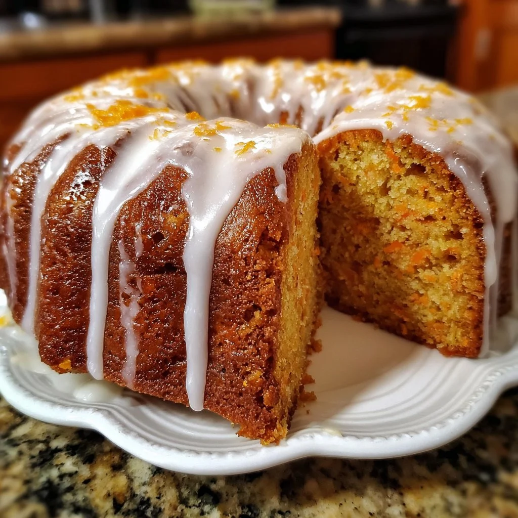 Delicious Carrot Pound Cake drizzled with vanilla glaze, ready to be enjoyed.
