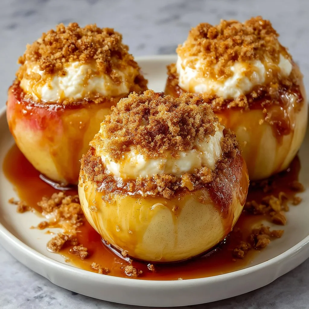 Cheesecake stuffed baked apples served with caramel drizzle