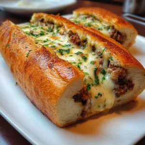 Cheesesteak stuffed garlic bread with melted cheese and savory beef filling