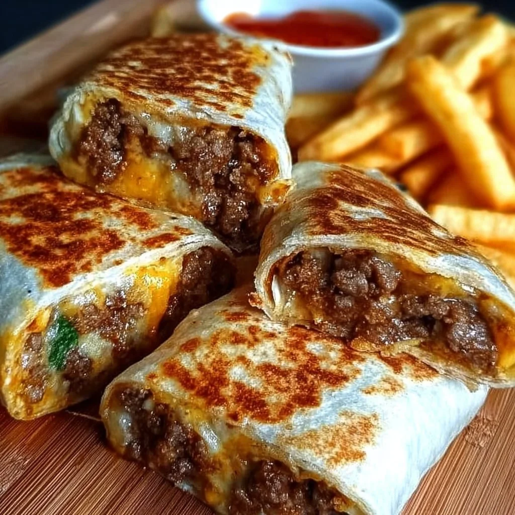 Delicious cheesy beef burritos served with crispy fries for a tasty meal