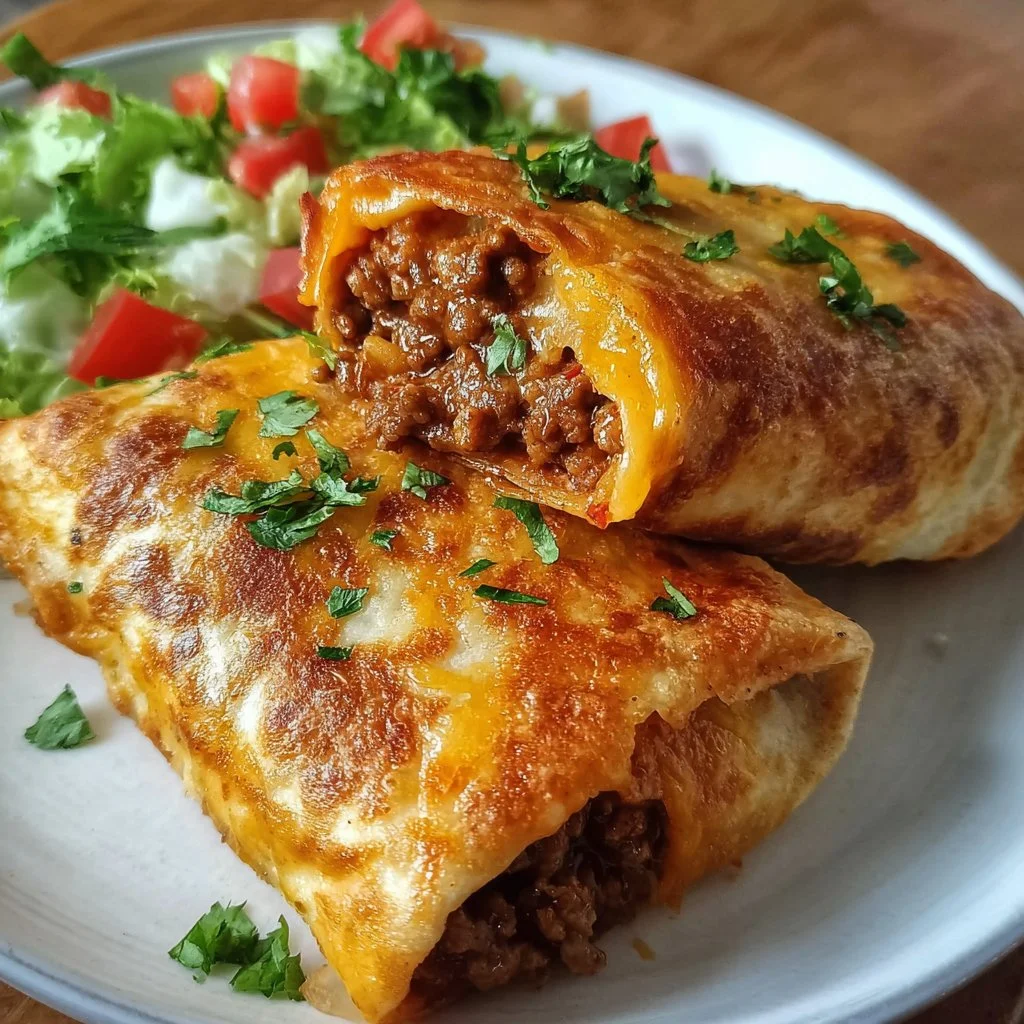 Cheesy beef chimichangas served with guacamole and salsa on a plate