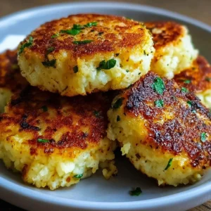 Cheesy cauliflower patties served on a plate with fresh herbs.