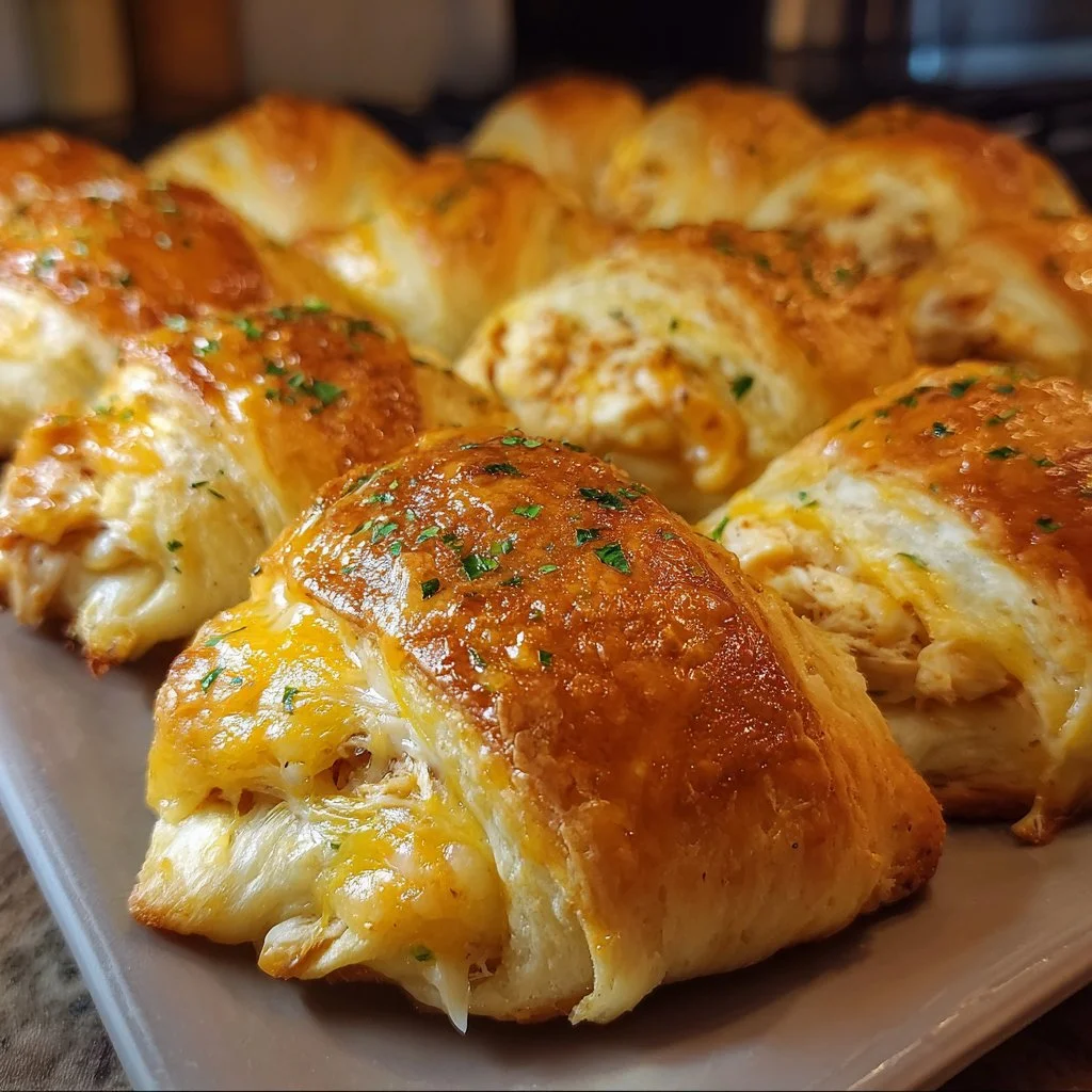 Cheesy chicken crescent rolls layered with melted cheese and chicken filling.