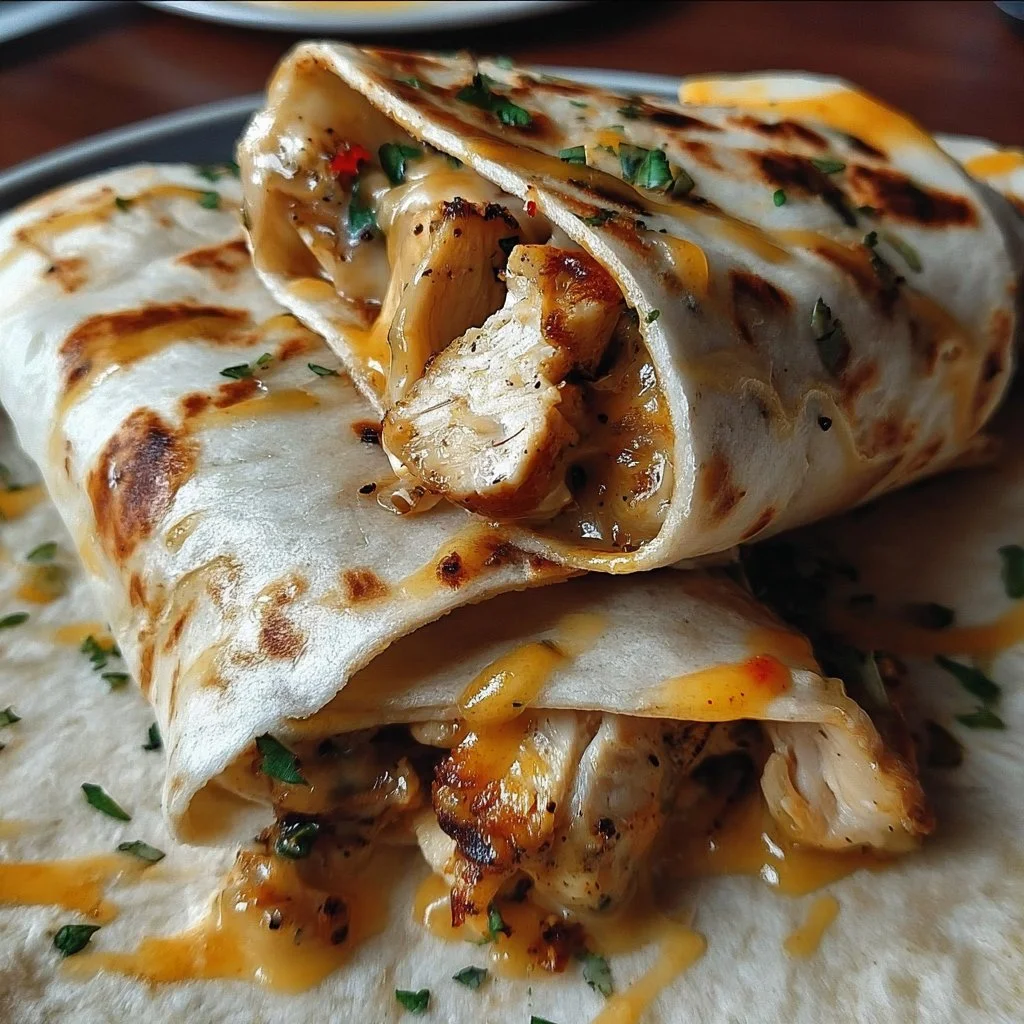 Cheesy garlic chicken wraps served on a plate with fresh ingredients