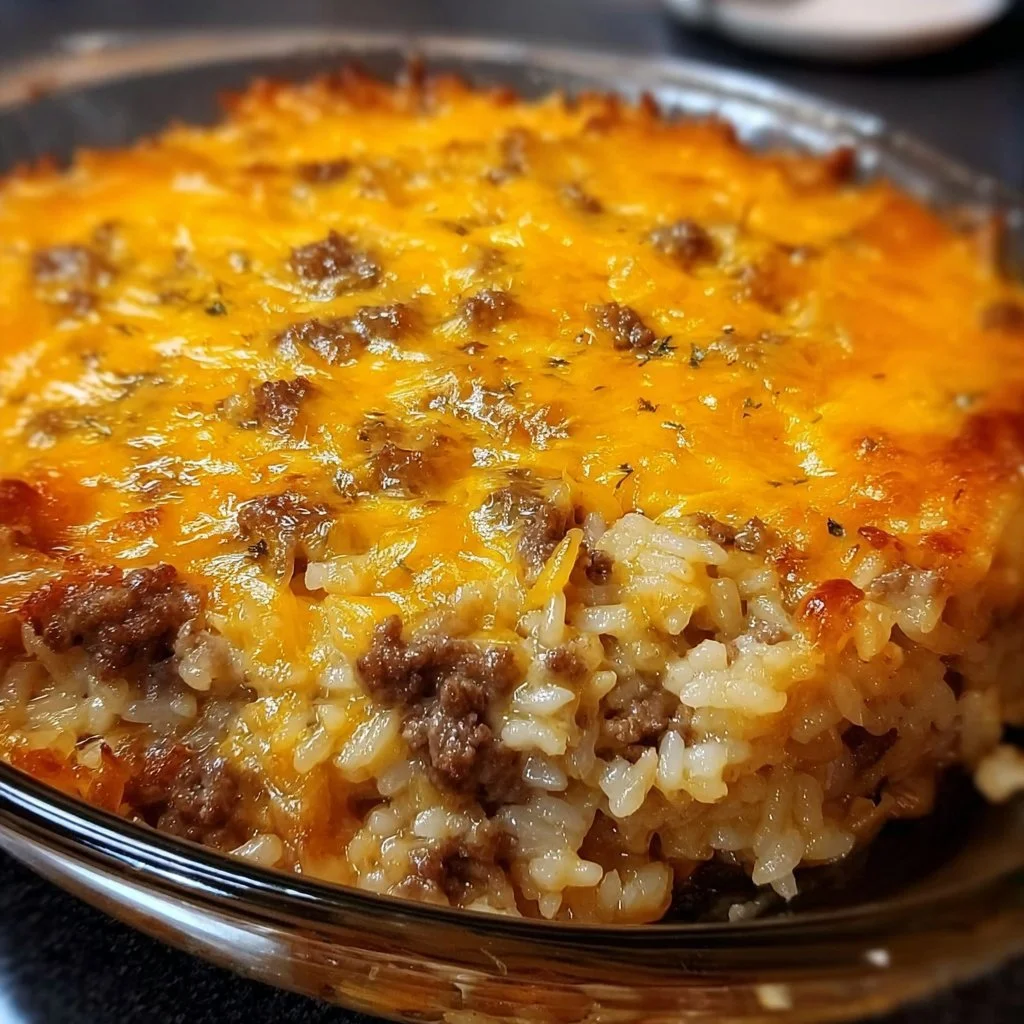 Cheesy Hamburger Rice Casserole topped with melted cheese and garnished.