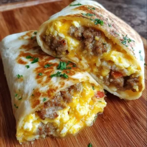 Cheesy sausage and egg wraps served on a plate with fresh herbs.