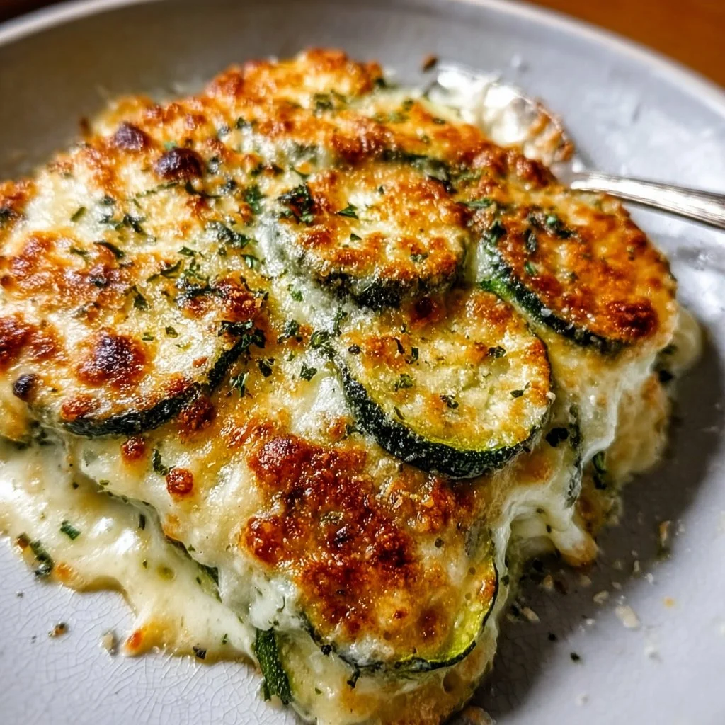 Cheesy zucchini gratin layered with cheese and baked to perfection