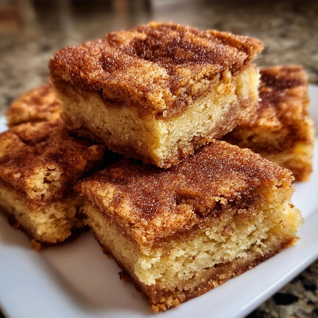 Chewy Snickerdoodle Cookie Bars on a plate with a cinnamon sprinkle