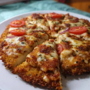Delicious and healthy Chicken Crust Pizza topped with fresh ingredients