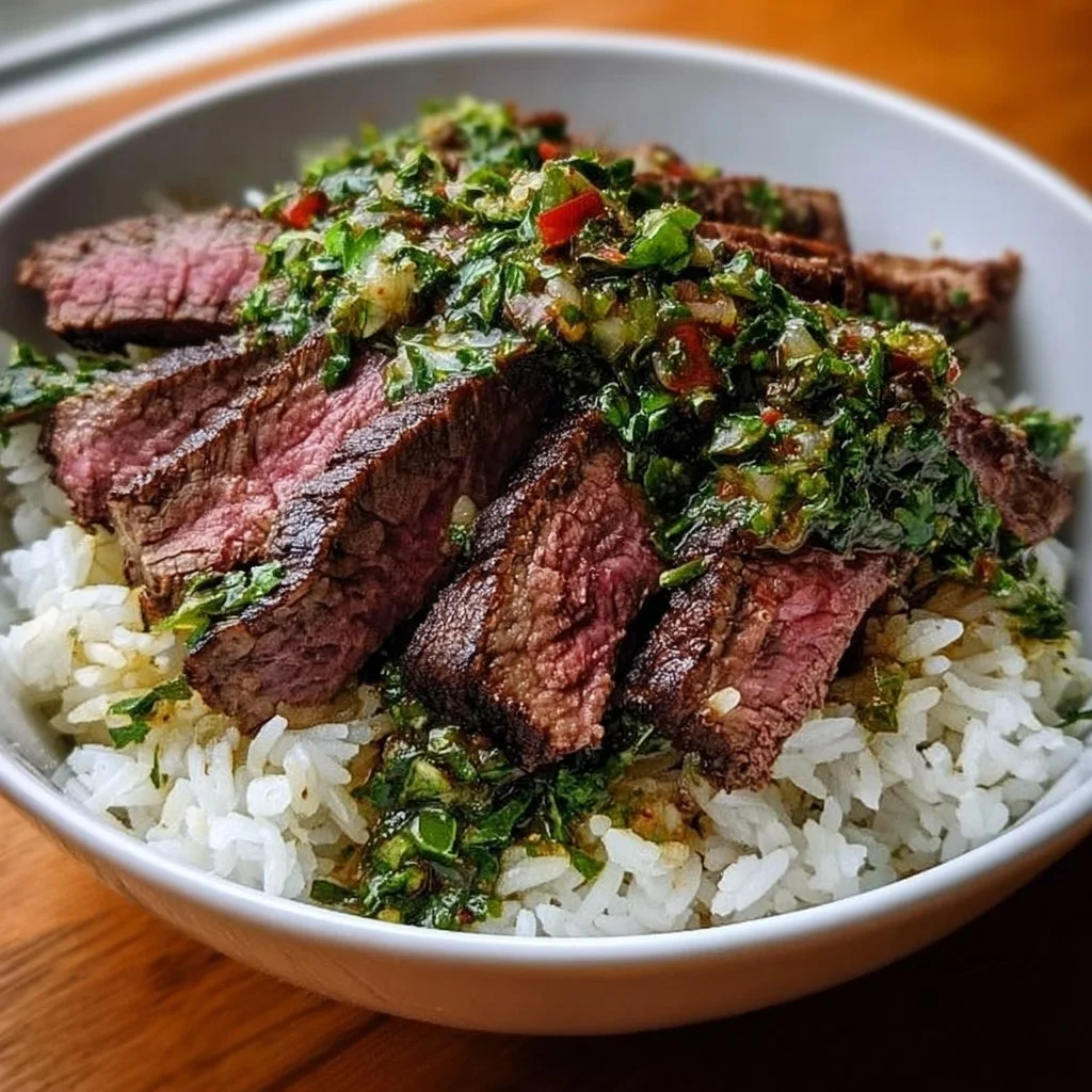 Chimichurri skirt steak rice bowl topped with fresh herbs and vegetables