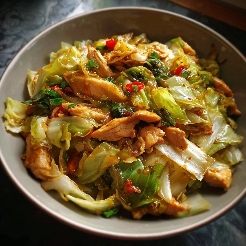 Bowl of Chinese chicken cabbage stir-fry with colorful vegetables