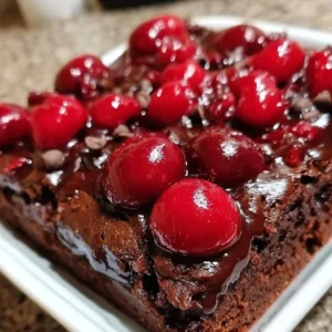 Chocolate Cherry Dump Cake topped with cherries and chocolate drizzle