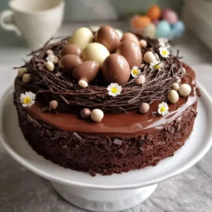 Chocolate Easter Egg Nest Cake topped with colorful candy eggs and chocolate shavings